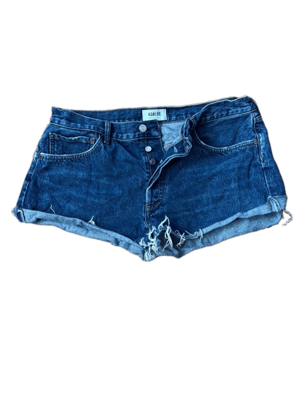 AGOLDE Dark Blue Distressed Button-Fly Denim Shorts